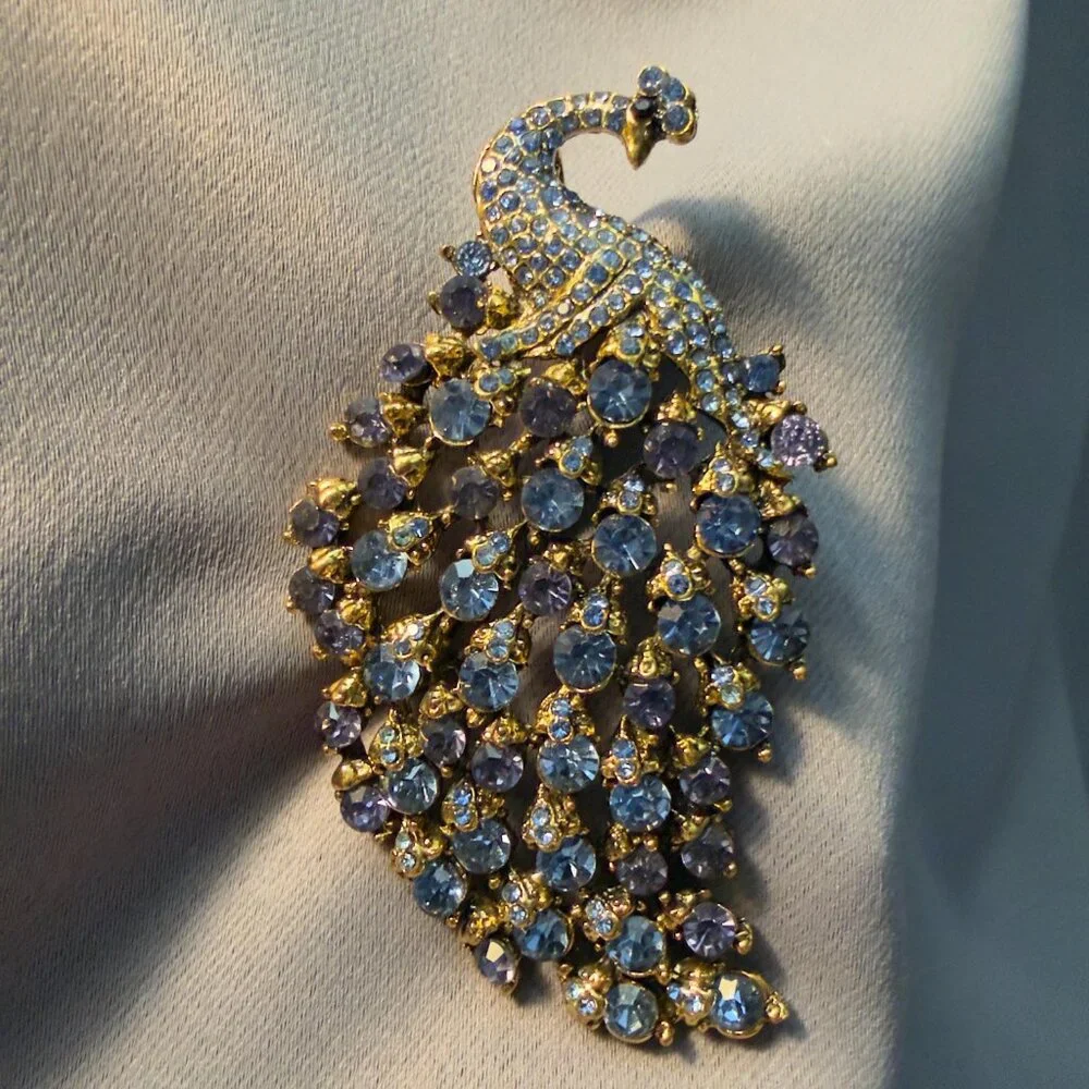 Feather Brooch Blue Rhinestone Openwork Gold Tone 3" Statement - Picture 8 of 8